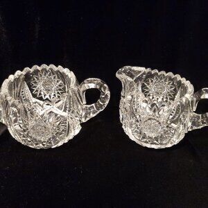 L@@K Vintage Creamer and Sugar Set Cut Glass Heavy Crystal Set Sawtooth Edge